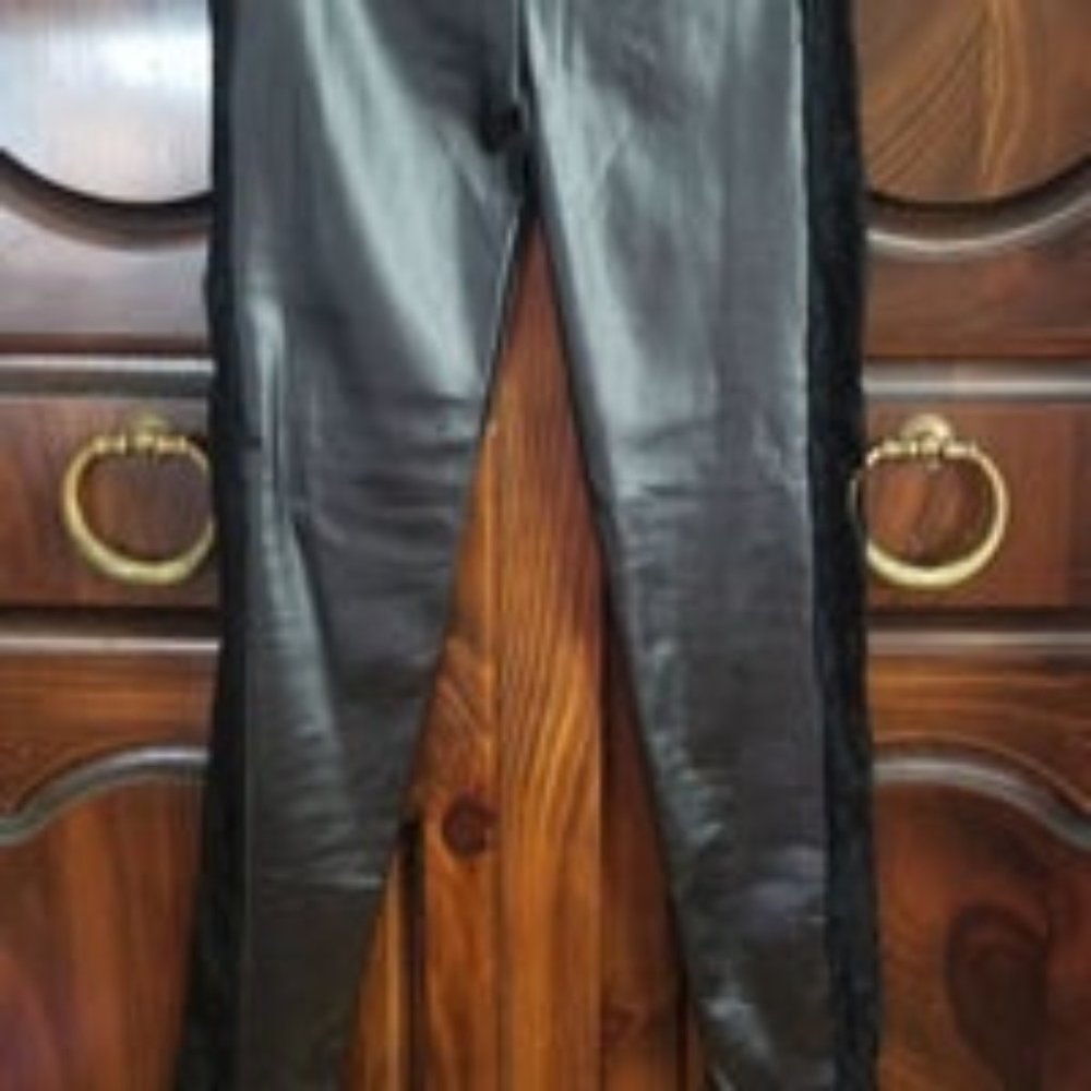 women's black faux leather pants with lace sides